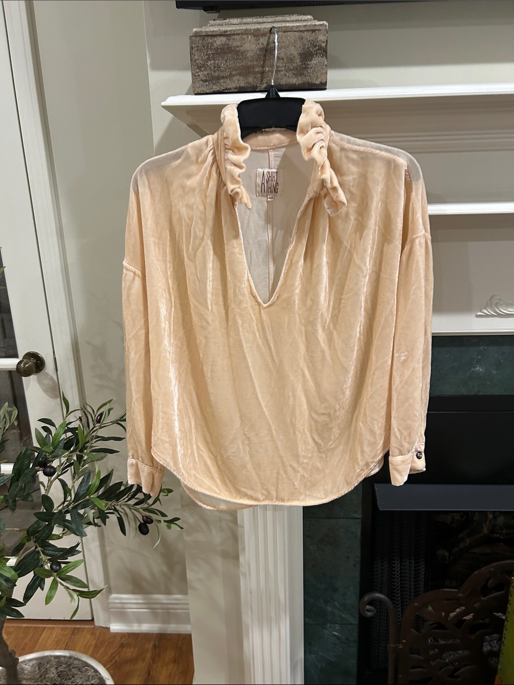 Peach Velvet Ruffle Collar V-Neck Blouse